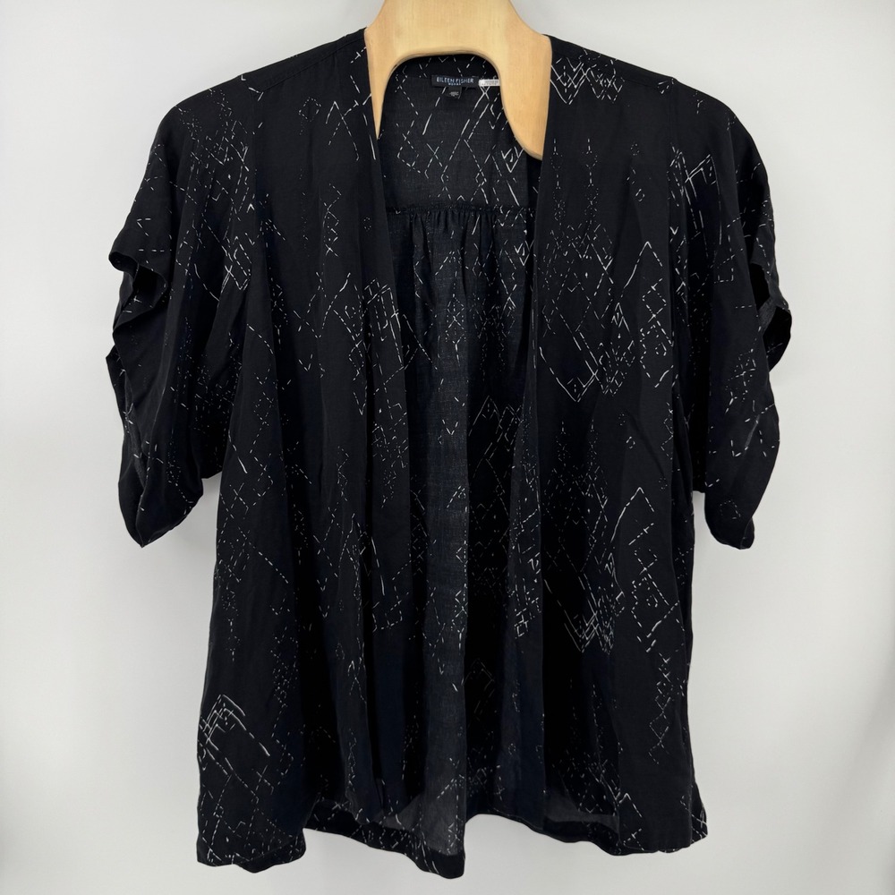 Eileen Fisher Woman 1X Black White Abstract Print Open Front Kimono Top Cardigan